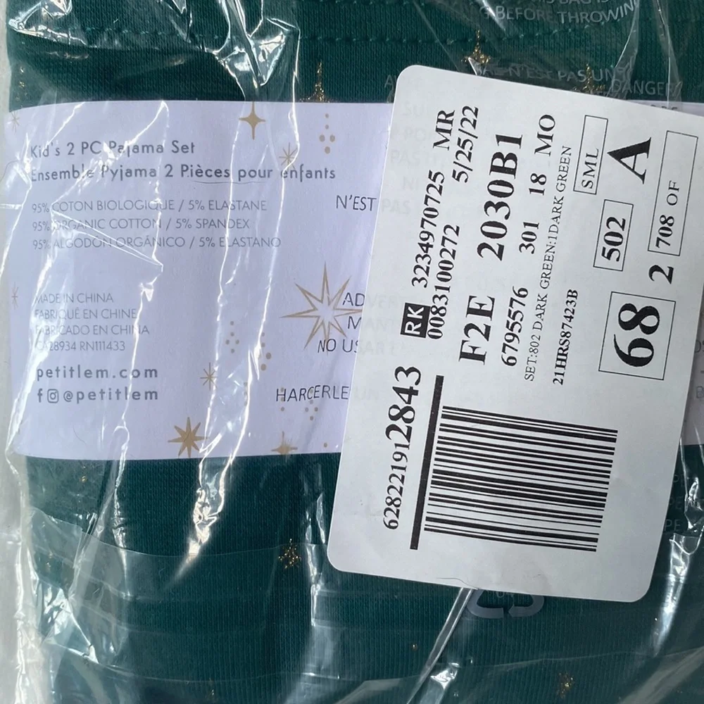 PETIT LEM Star Print Pyjama Set Dark green,‎ Size 18M, NWT